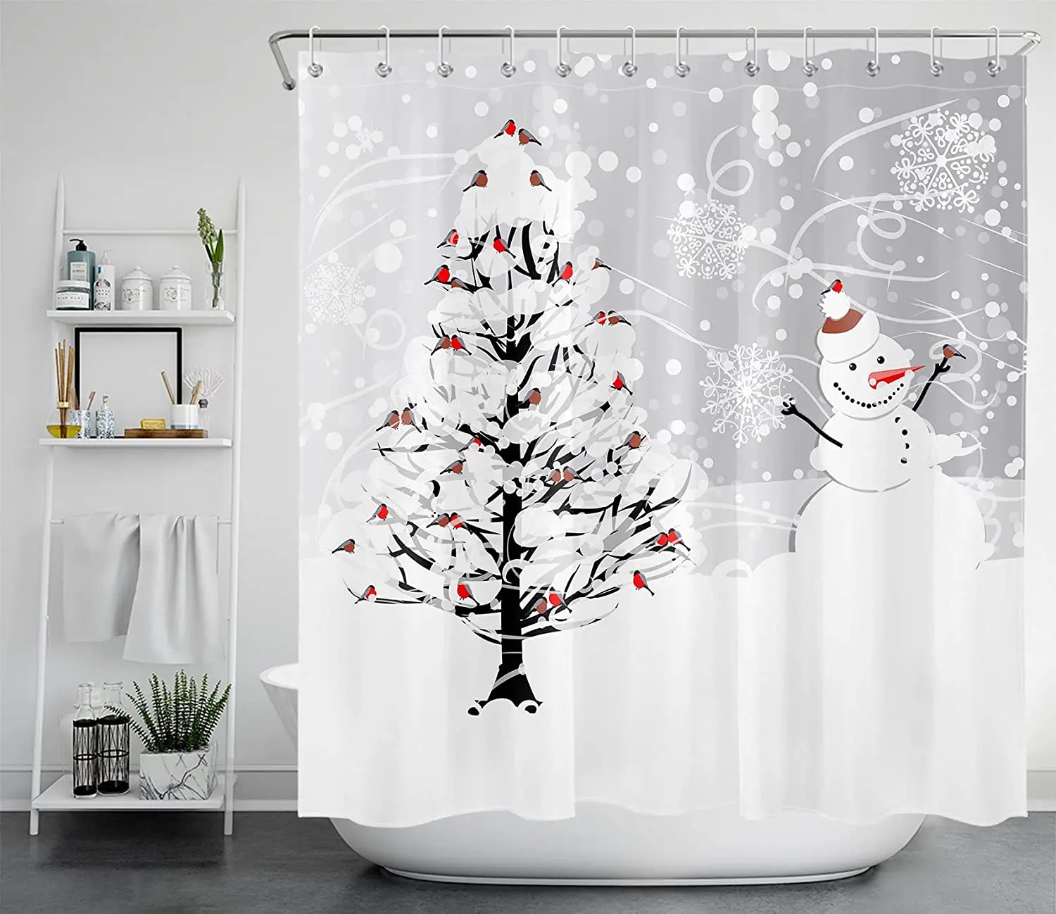Winter Holiday Merry Christmas Shower Curtains Snowflakes Cardinals Birds on Snowy Christmas