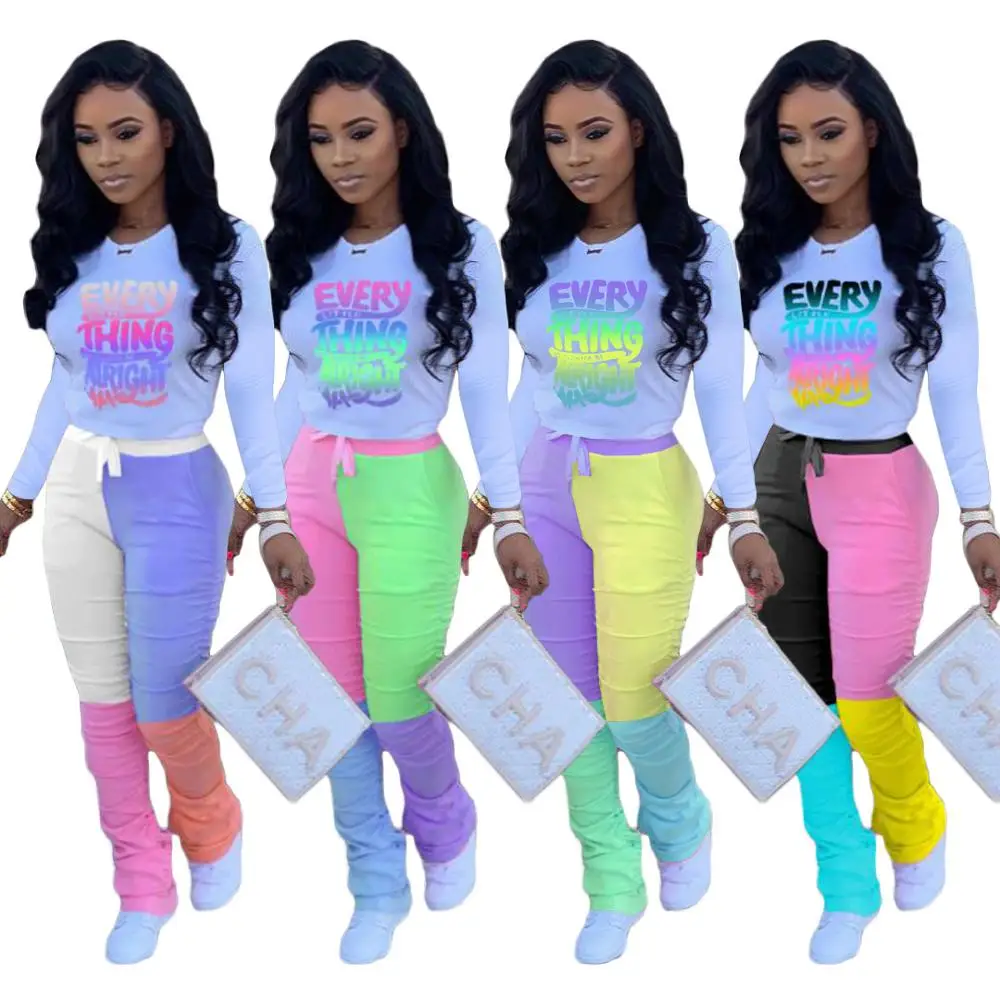 

Echoine Autumn Winter Color Patchwork Print Tee Top and pants Two Piece Set Pleated Stacked Matching Set Club Outfits Partywear