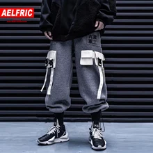 AELFRIC хип-хоп Толстые мужские шаровары с несколькими карманами, брюки-карго Harajuku, повседневные уличные спортивные штаны с лентами, мужские брюки для бега