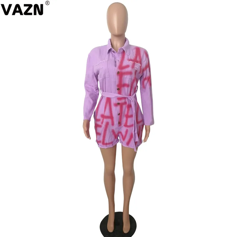 VAZN YM-8461 цветной дизайн Новые популярные сексуальные женские Мини-комбинезоны с буквенным принтом женские сексуальные мини-комбинезоны с глубоким v-образным вырезом и длинными рукавами