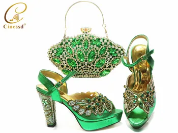 

Mature African Women Royal Wedding Party Shoes and Bag to Match with Shinning Crystal in Green Color Nigerian Style Set