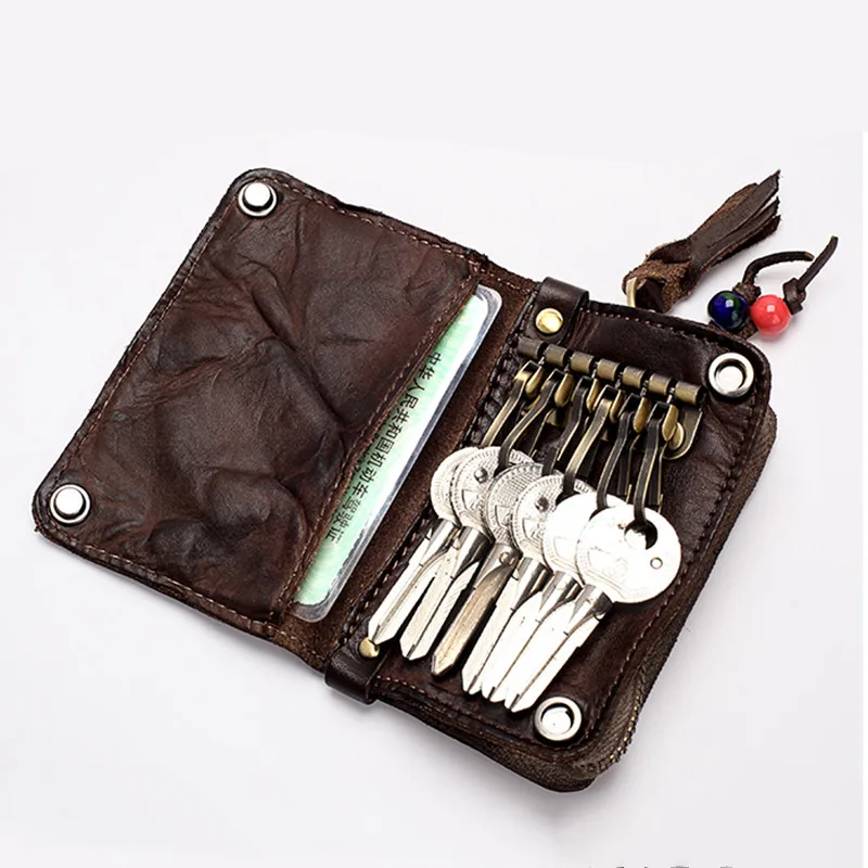 Vintage Genuine Leather Key Holder Cowhide Men Women Key Wallet Organizer Pouch Car Keychain Housekeeper Case Card Bag key case key holder key organizer key purse