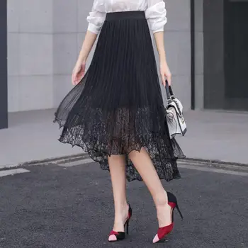 

Summer A Line Cute Lady Lace Skirts Women High Street Elastic Waist Saias Hollow Out Irregular Length Fashion Pleated Skirt