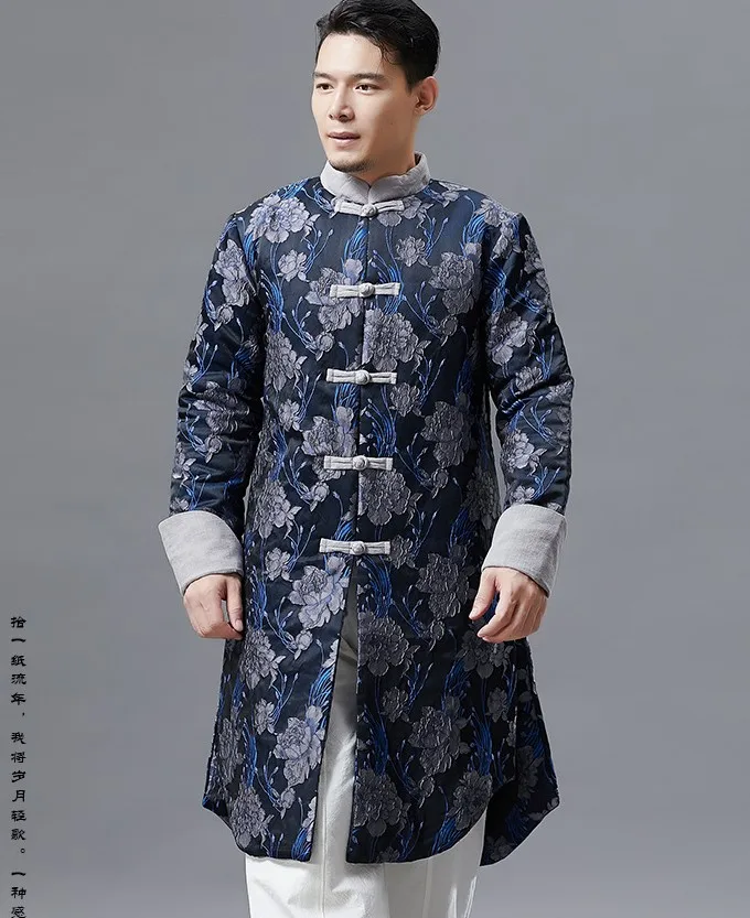 Синий Традиционная китайская одежда для мужчин cheongsam стиль Тан костюм Топ Мужская винтажная длинная куртка Восточный мужской костюм - Цвет: Синий