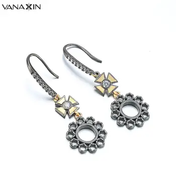 

VANAXIN Retro Earrings For Women Antique Silver Color Drop Earrings Sun Flower Classic Jewelry Black Earrings Zircons Women