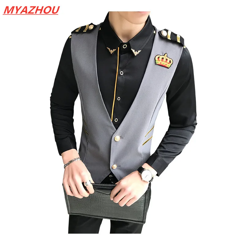 

New Deep V-neck single-breasted vest Slim solid color small crown embroidery men's suit vest nightclub hair stylist tooling vest