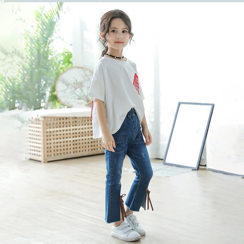 

Fashion Girls Kids Jeans Clothes Cotton Denim Stretch Waist Slim Skinny Pants