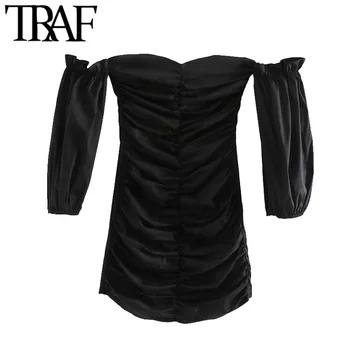 

TRAF Women Vintage Sexy Pleated Sheath Mini Dress Fashion Slash Neck Backless Zipper Female Party Dresses Vestidos Mujer