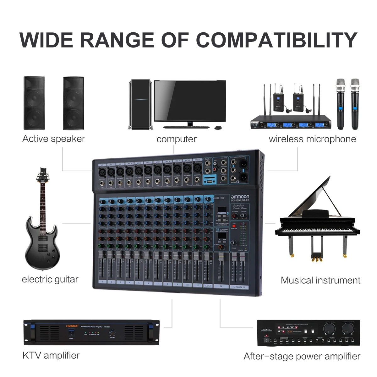 Ammoon MX-1200USB-BT 12-канальный смешивания консольный микшер встроенная карта памяти 16 dsp-эффекты+ 48V Phantom Мощность поддерживает