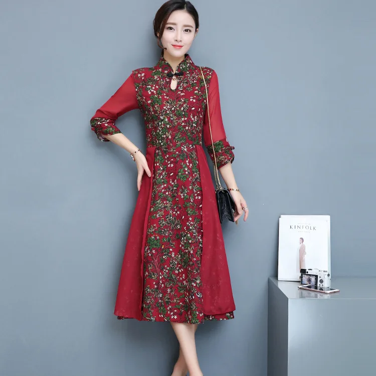 

2019 Spring New Style Retro Printed Slim Fit Cotton Linen Dress Women's Chinese-style Palace Flower Stand Collar Frog Cheongsam