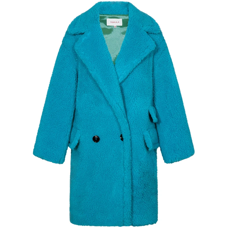 YIGELILA Fashion Faux Fur Coat Solid Elegant Turn Down Collar Double Breasted Full Sleeves Straight Warm Coat 9977