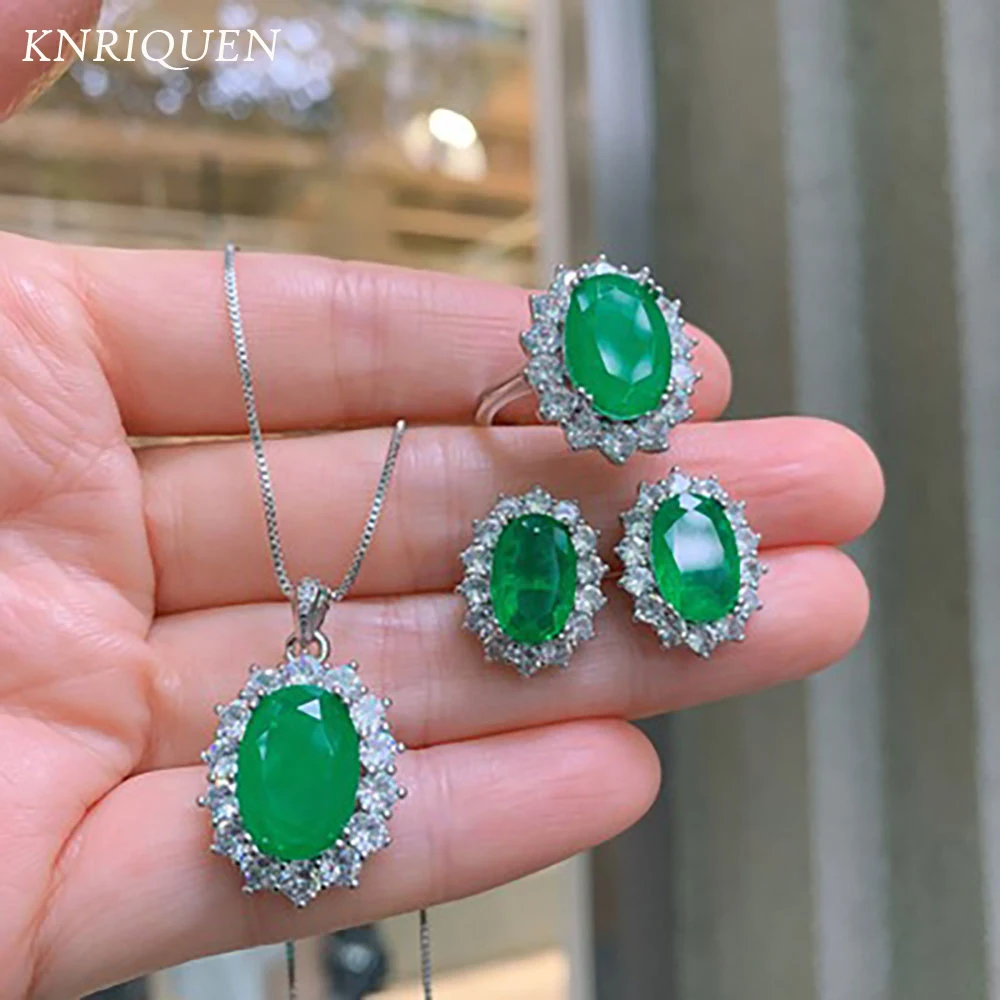 

New Vintage Jewelry Sets for Women Charms High Carbon Diamond Emerald Ring Stud Earrings Necklace Fine Gift Statement Wholesale