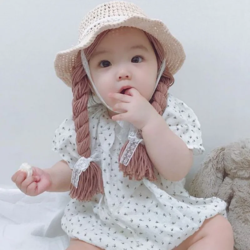 Spring Summer Baby Kids Girl Sun Block Straw Hat Beach Hollow Out Children Girls Hair Pigtail Braid Wig Bucket Hat Cap Lace Up block sun child baby girl boy adult female summer hat british retro big bow princess curling straw beach hat dxm2