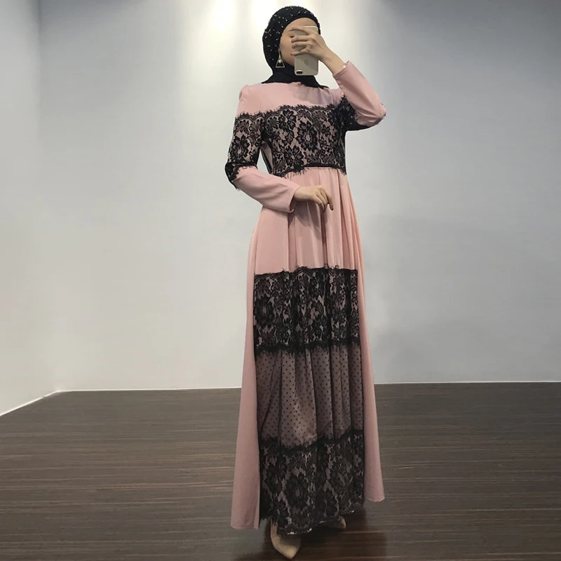 Черное кружево abaya розовый Дубайский мусульманский женское длинное платье Абая для женщин Рамадан кафтан