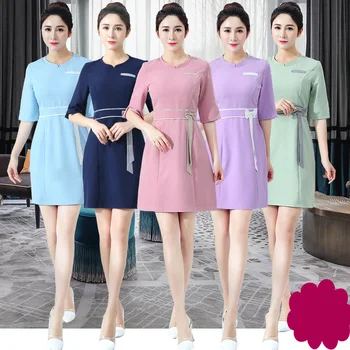 

2019 Summer Beautician Medical Overalls Hospital Nurse Uniform Seven-quarter Sleeve Women Dress Pharmacy SPA Work Clothing
