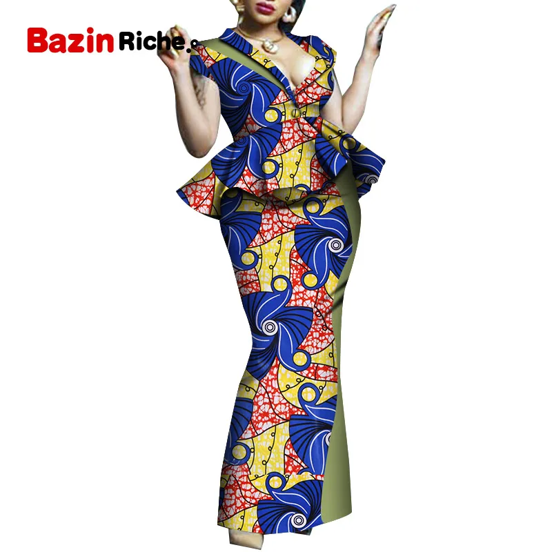 Африканский Дашики Женская традиционная одежда Базен принт плюс размер костюмы африканские платья для женщин костюм 2 шт. юбка комплект WY5108 - Цвет: 7