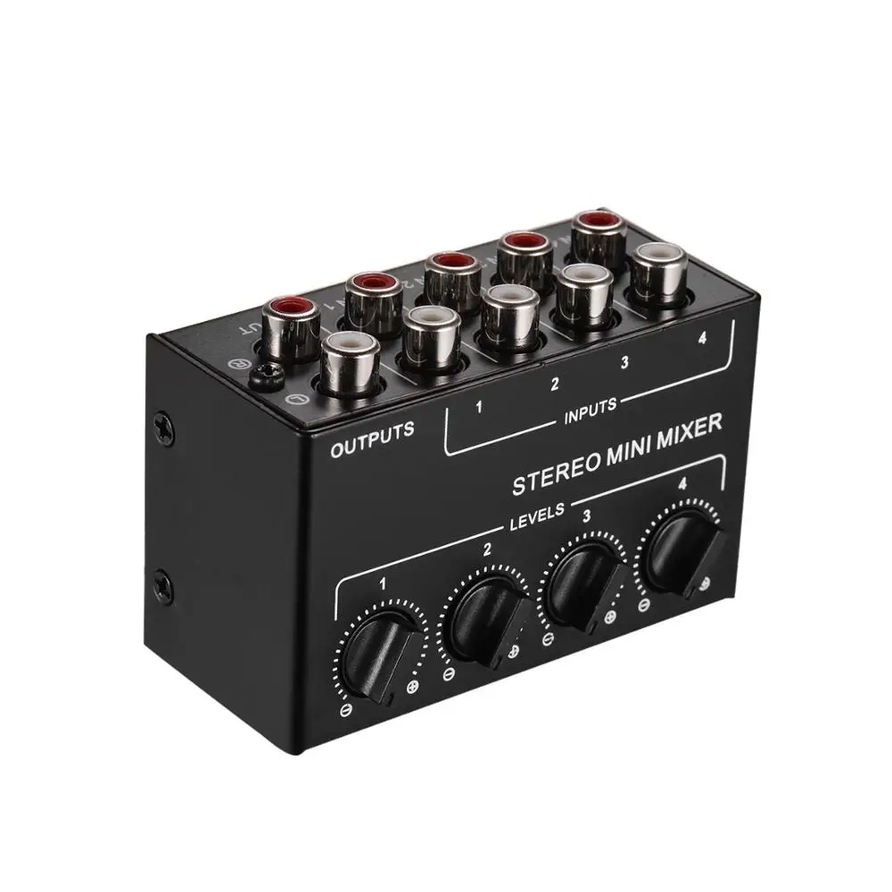 

Mini Stereo Audio Mixer Mixing console with 4-Channel RCA Inputs Separate Volume Controls Full Metal Shell black new arrival