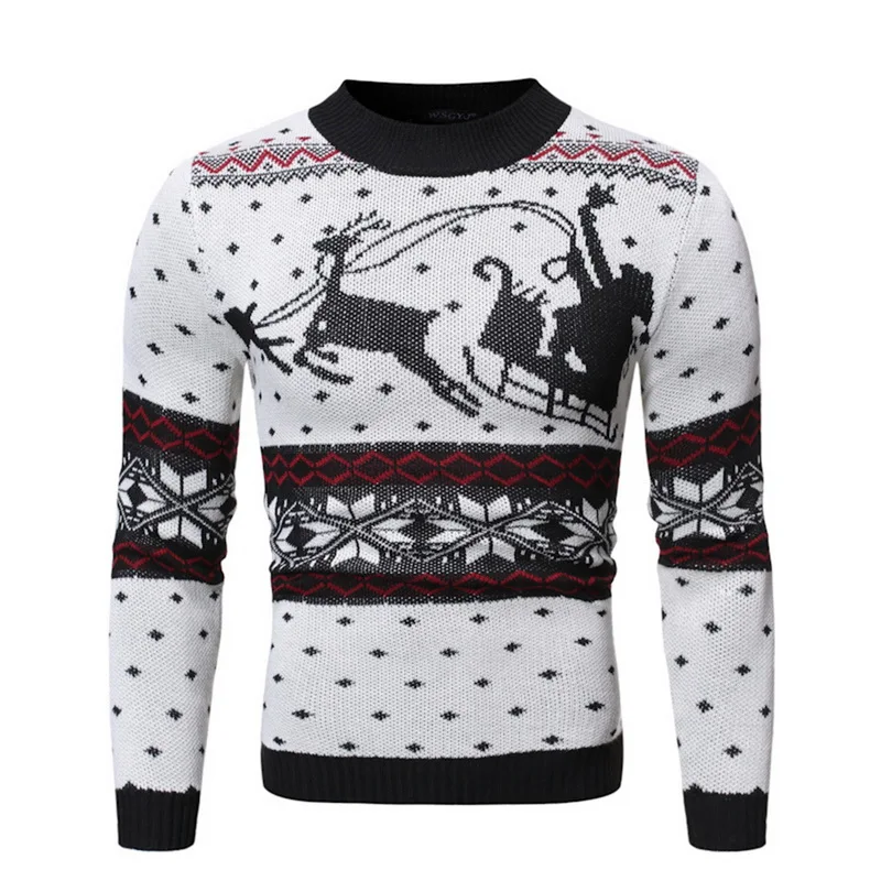 LOOZYKIT Мужской Повседневный свитер с круглым вырезом и принтом оленя, осенне-зимний Рождественский пуловер, вязаный джемпер, свитера, приталенный пуловер для мужчин - Цвет: white1