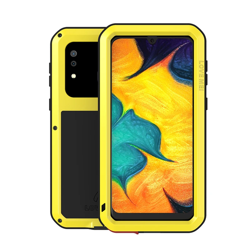 Мощный противоударный чехол LOVE MEI для samsung Galaxy A30 A305F A20 A205F, сверхпрочный силиконовый металлический чехол, закаленное стекло - Цвет: Цвет: желтый