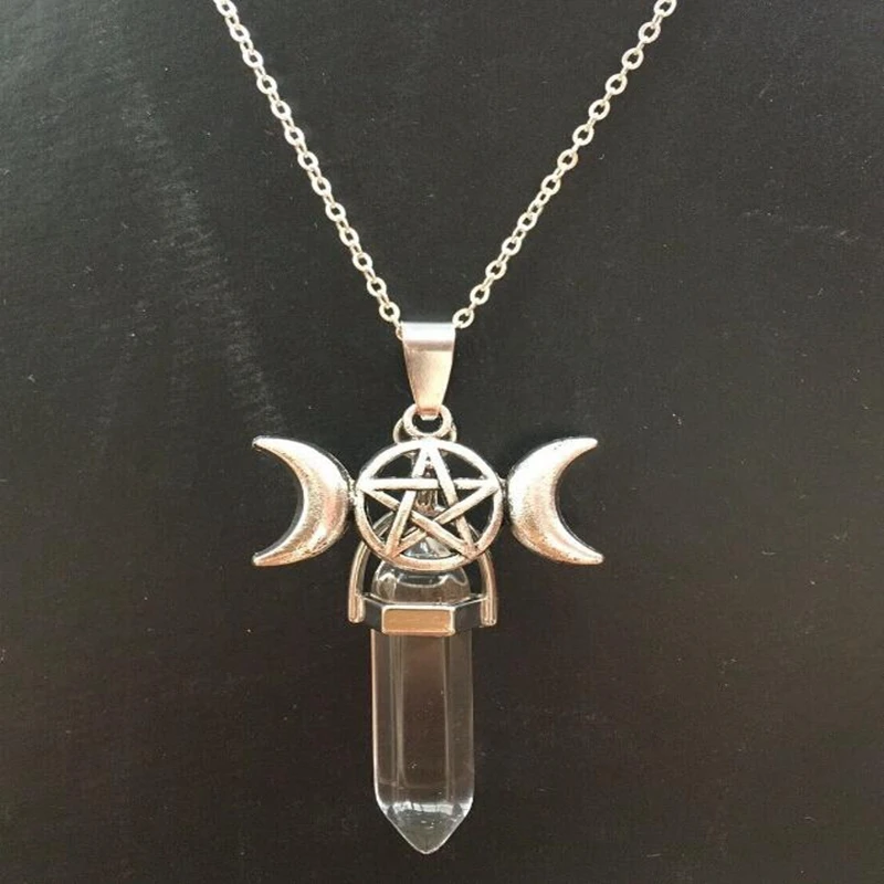 

Triple Moon Natural Stone Necklace Pendant Gothic Pentacle Choker Witchcraft Supernatural Wicca Pentagram For Women Boho Gift