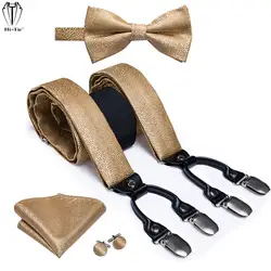 Hi-Tie Woven Silk 6 Clips Mens Suspenders Set Gold Solid 4PC Male Braces Bowtie Hanky Cufflinks For Dress Suit Business Wedding
