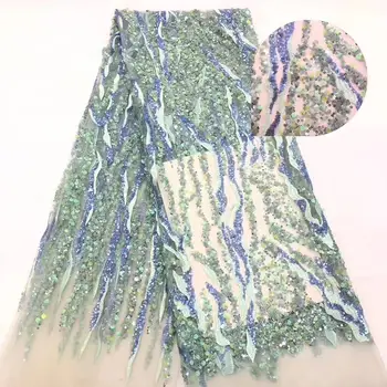 

Blue Green Nigerian Net Lace Fabric 2019 High Quality Sequin Lace African Wedding Lace Fabrics French Tulle Lace With Gold Line