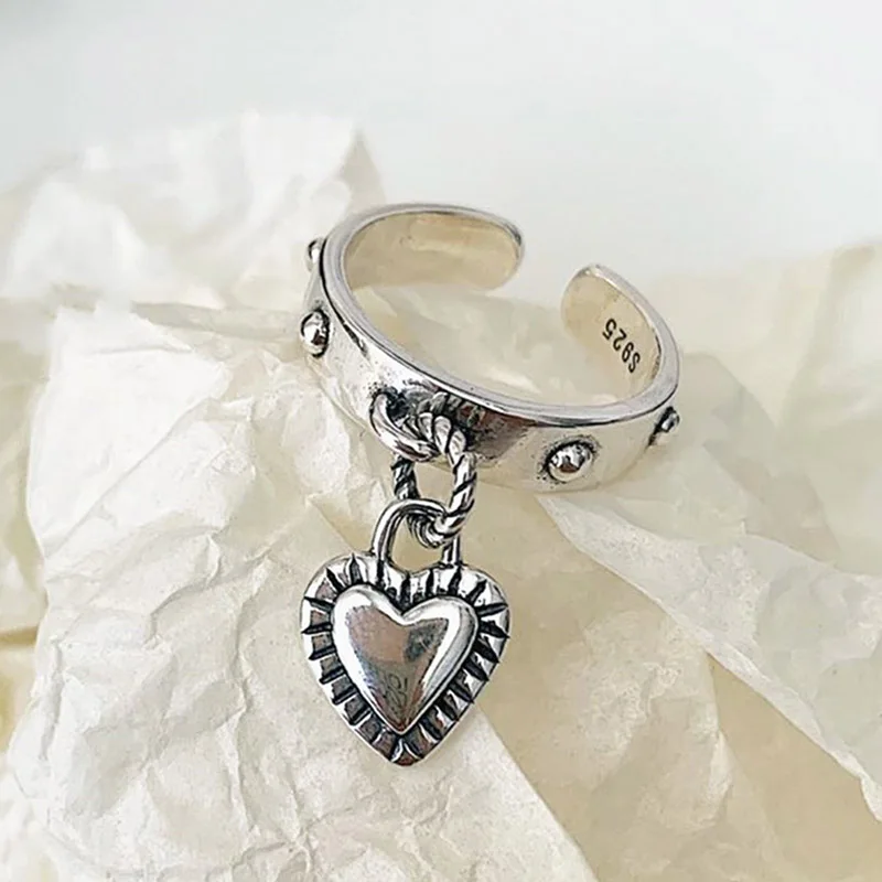 Silver Heart Ring Silver Rings Silver Ring Foxanry Stamp LOVE Heart Tassel Rings for Women Couples New Fashion Vintage Thai Silver Punk Party Jewelry Gifts