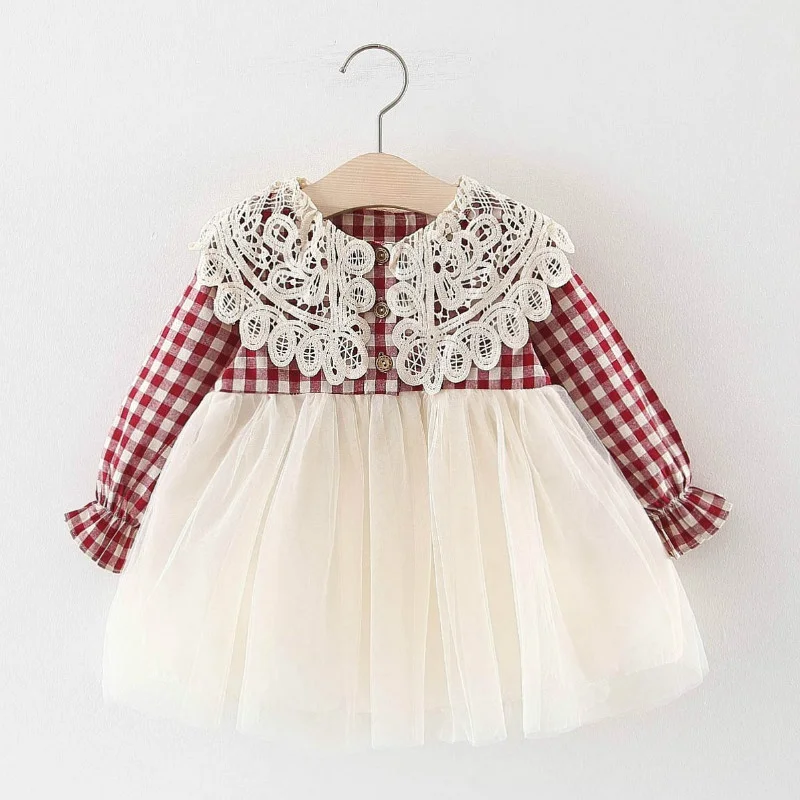 

Sweet Autumn Princess Dress For Baby Girls Infants Kids Children Lace Mesh Patchwork Plaided Long Sleeve Dresses Vestidos S9651