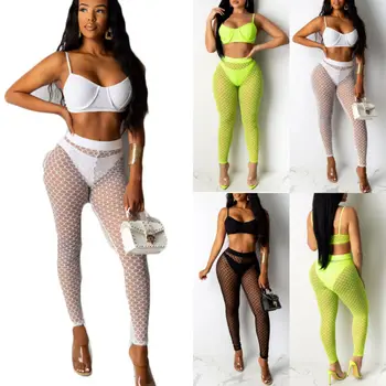 

US Sexy Women Ladies Full Fishnet See Through Mesh Insert Pants Fishnet Leggings