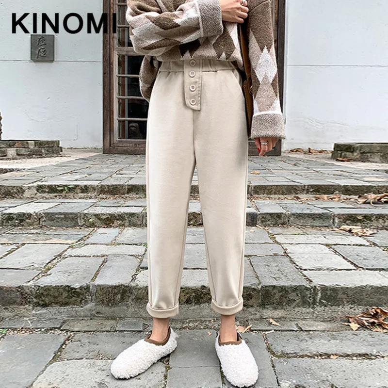 KINOMI, осень, зима, шерстяные женские шаровары, эластичный пояс, пуговица, повседневные облегающие штаны, корейский стиль, повседневные длинные штаны, новинка