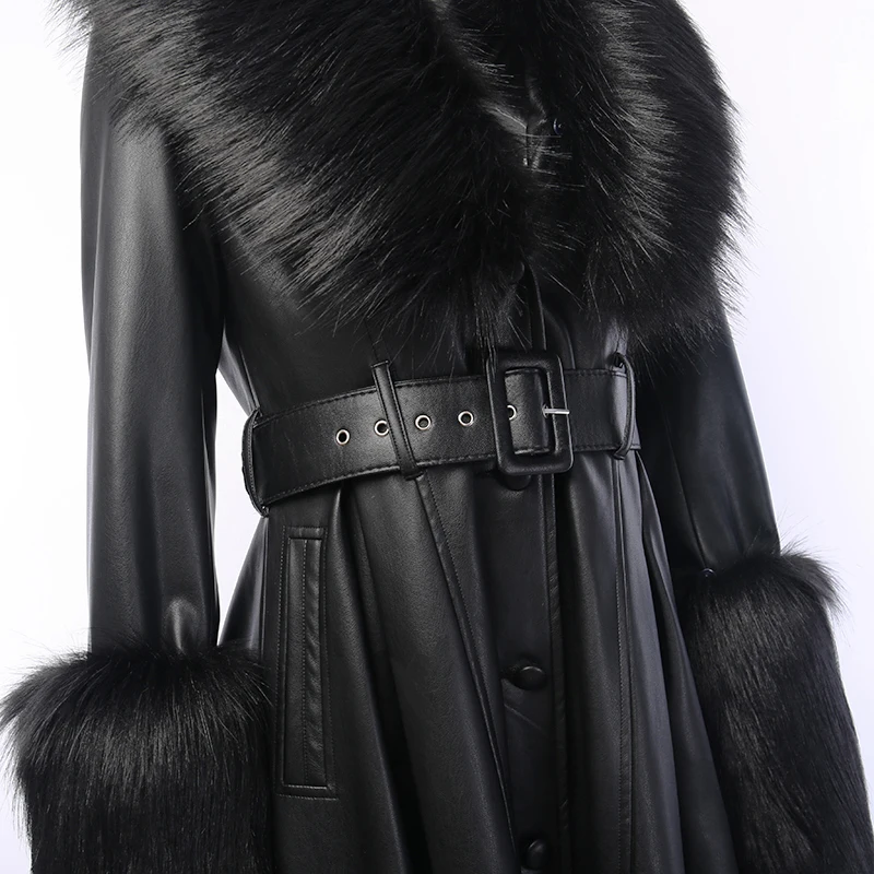 WannaThis Faux Leather Fur Coat Women With Belt Warm Thick Outwear PU Leather Streetwear Female Elegant Outwear Long Coat Green