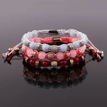 New Design 6mm Natural Stone CZ Pave Ball Handmade Briaded Adjustable Macrame Bracelet For Women