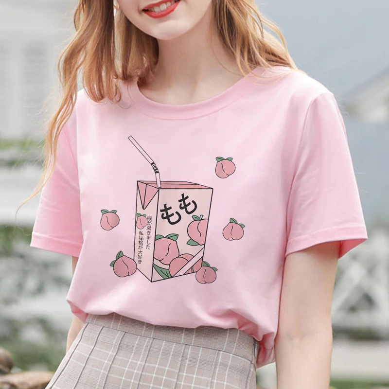 Summer New Pink Fashion Korean Style Women's Japanese Peach Juice Drink Print Harajuku Vogue Casual Loose Kawaii Female T Shirt