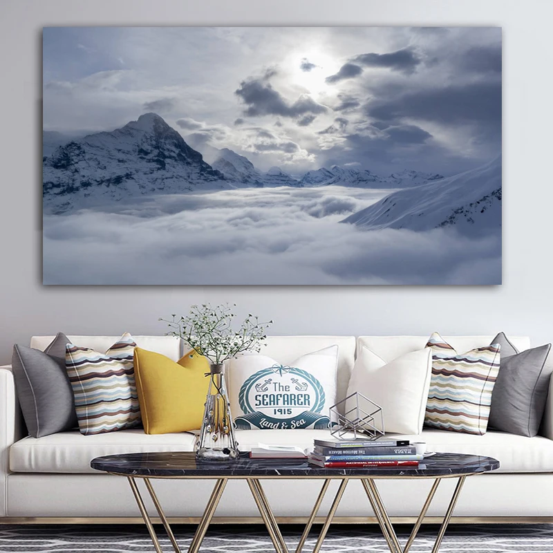 

RELIABLI Poster Canvas Painting Wall Art Snow Mountain and Cloud Wall Pictures and Prints For Living Room Quadro Home Decoration