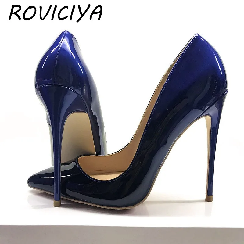 

Blue black gradation color fashion 12cm high heeled pumps shallow pointed toe woman party women wedding shoes QP078 ROVICIYA