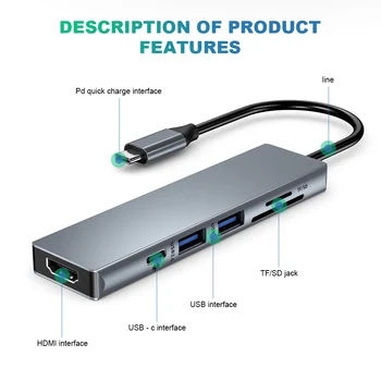 

6 in 1 USB C Hub to Hdmi 4K Gigabit Adapter for Type C to SD TF Adapter Dock Station with USB3.0 Charging Port for MacBook Pro