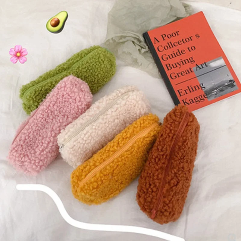

Cute Student Stationery Bag Wool Pink Kawaii Pencil Case for Girls Plush Pen Bag Storage Pouch Cosmetic Bag School Supplies