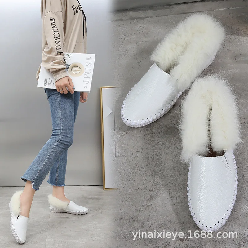 

Genuine Leather Natural Wool New Style Loafers Women's Autumn And Winter plus Velvet White Shoes round-Toe Embroidered Slip-on C