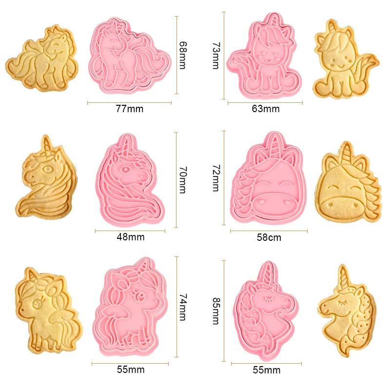 6Pcs/set 3D Unicorn Cookie Cutters Cartoon Plastic Fondant Biscuit Mould ABS Plastic Baking Mould Cookie Decorating Tools
