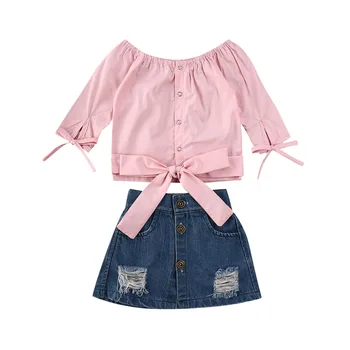 

2020 Summer Kid Baby Girls Long Sleeve Bow Off Shoulder Crop Tops+ Denim Ripped Skirt 2pcs Outfits 1-4Y