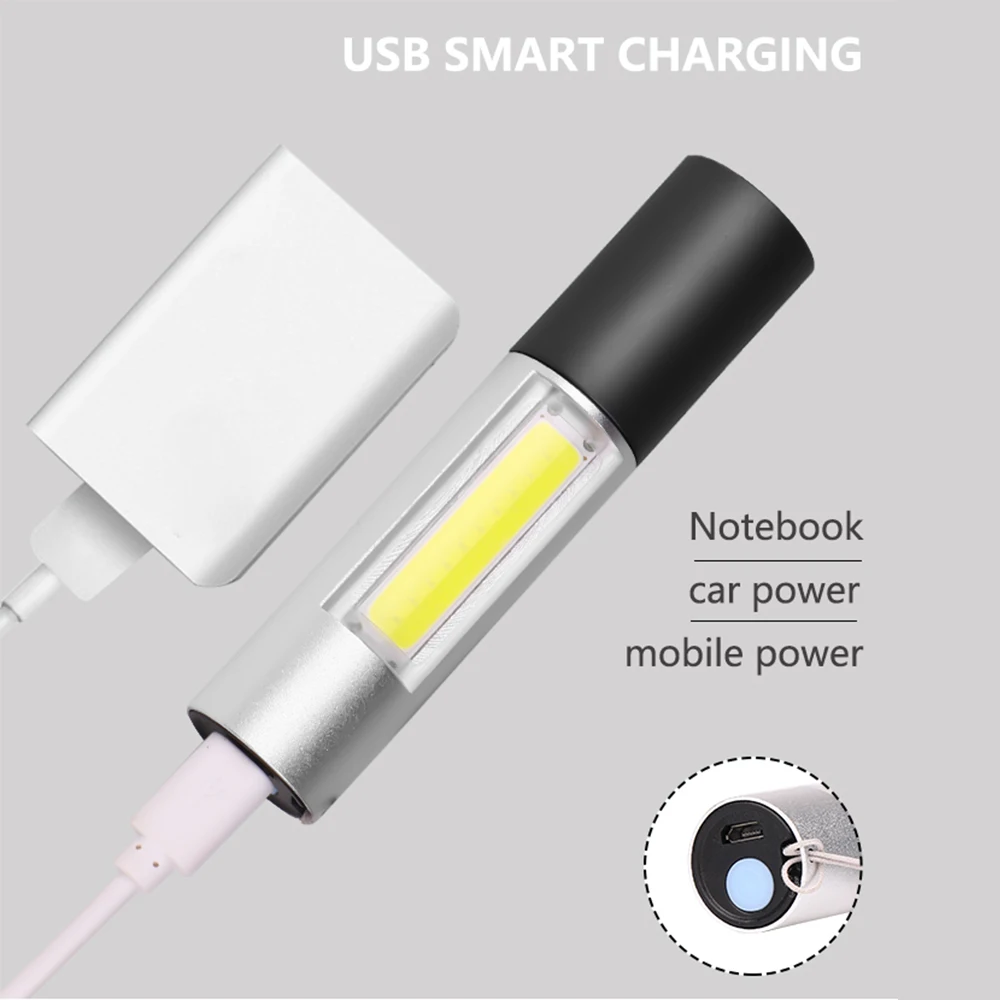 Мини светодиодный фонарик USB Перезаряжаемый с COB боковым фонариком 3 режима Поддержка зум открытый кемпинг свет с Бесплатный usb-кабель