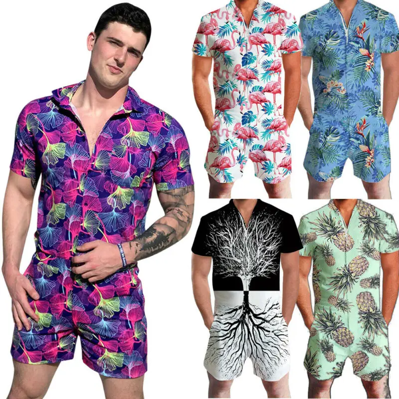 Брендовые новые мужские Гавайские шорты с цветочным принтом стильные цельные Цветочные Комбинезоны с 3D принтом повседневные короткие штаны комбинезон Комбинезоны