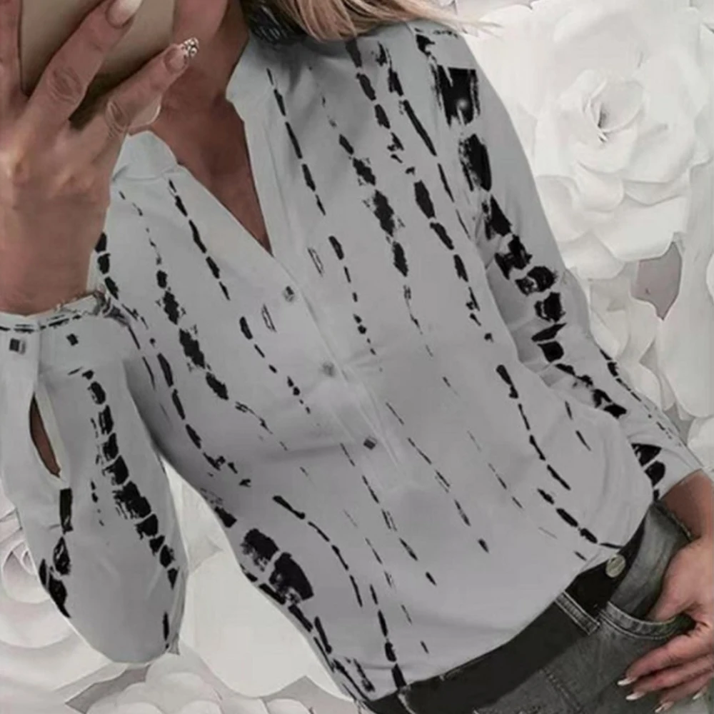 

OEAK Sexy V-neck Button Office Shirts Striped Printed Long Sleeve Blouses Women Tops And Blouses Slim Fit Plus Size Blusas