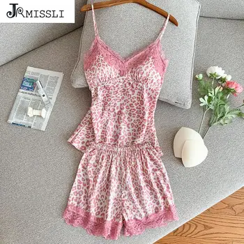 

JRMISSLI Pink Leopard Pajamas Women Printed Sleepwear Silk Satin Nightwear Homewear pyjamas Female