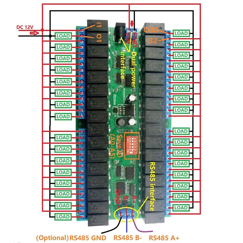 R421C32 DC12V 32 Channels Modbus RTU RS485 Bus Relay Module UART Serial Port Board for PLC LED Home Automation Door Lock