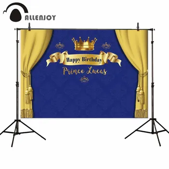

Allenjoy Prince Lucas Party Supplies Golden Grown Ribbon Blue Damask Backdrop Yellow Curtains Boy Happy Birthday Event Curtains