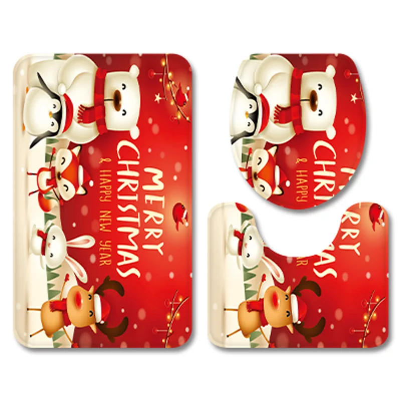 Cartoon Animals Xmas Bathroom Carpet Set Flannel Home Decor Toilet Pad Cover Bath Mat Christmas Bears Red Toilet Seat Cover Set