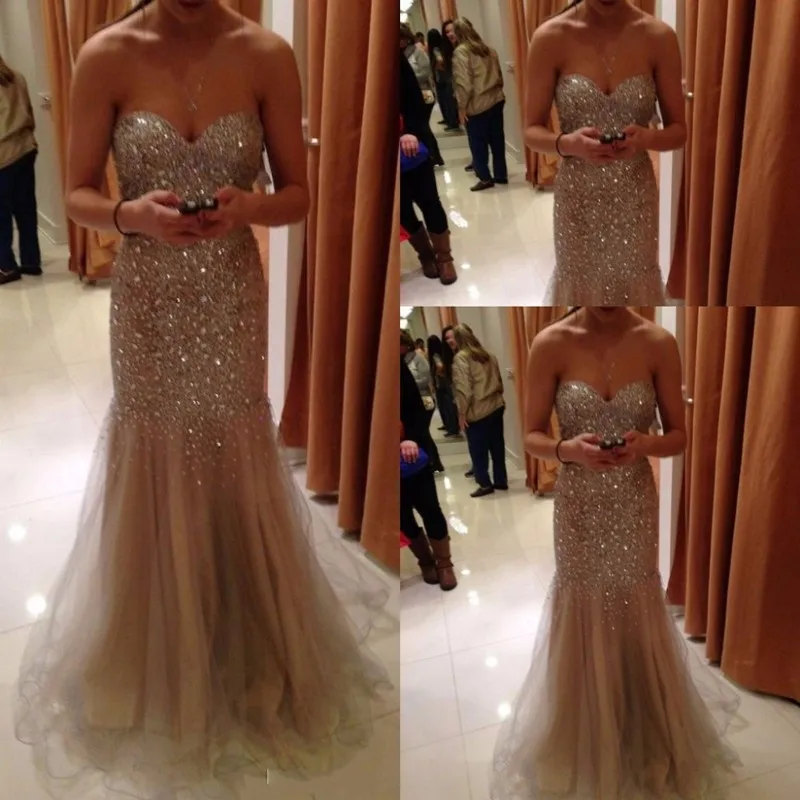

Shining Luxury Sweetheart Champagne Beaded Tulle Mermaid Prom Long Evening Party vestido de festa mother of the bride dresses