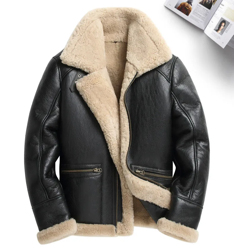New Men Winter Thicker Fur One Leather Coat Men's Sheepskin Leather Jacket High-end Mens Shearling Locomotive Fur Air Force Suit