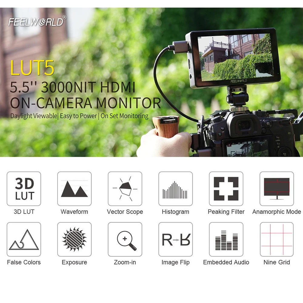 DSLR Field Monitor FEELWORLD LUT5 5.5 Inch Ultra High Bright 3000nit 4K HDMI Input Output Touch Screen DSLR Camera Field Monitor With Instal Kit portable monitor,dslr field monitor